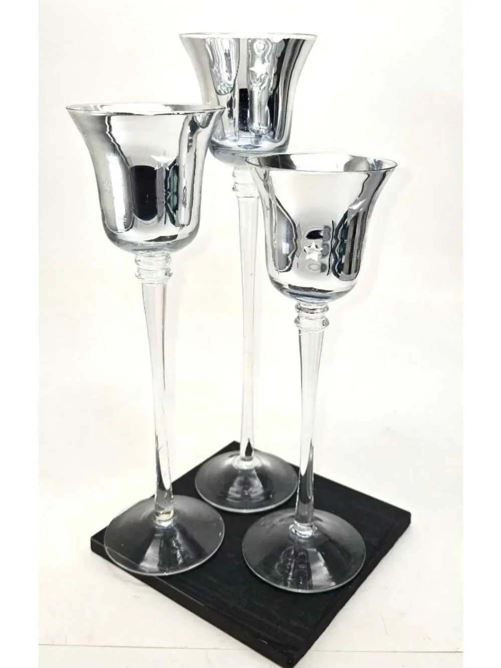Silver Mercury Glass Candle Holders Stars Motif Varying Heights Set of 3 JJ3805